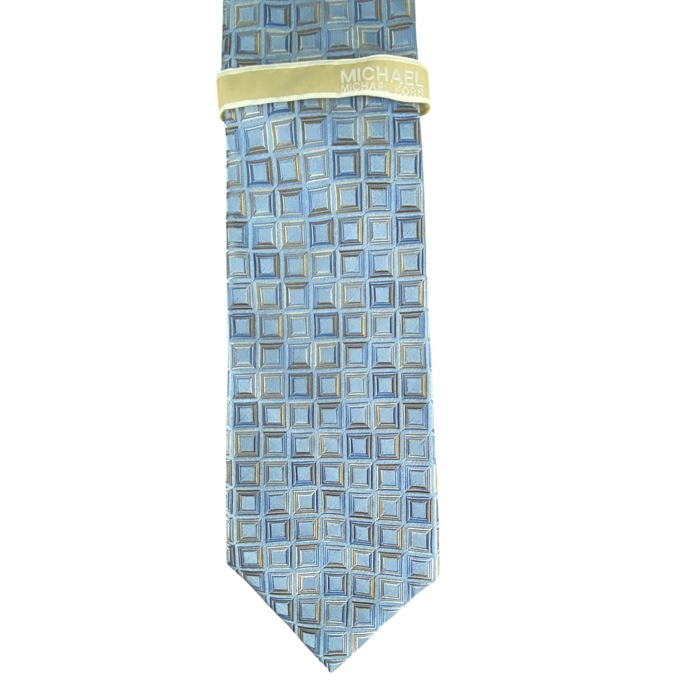 Michael Kors Mens Silk Tie Blue Silver Geometric Square Pattern Formal 58x4